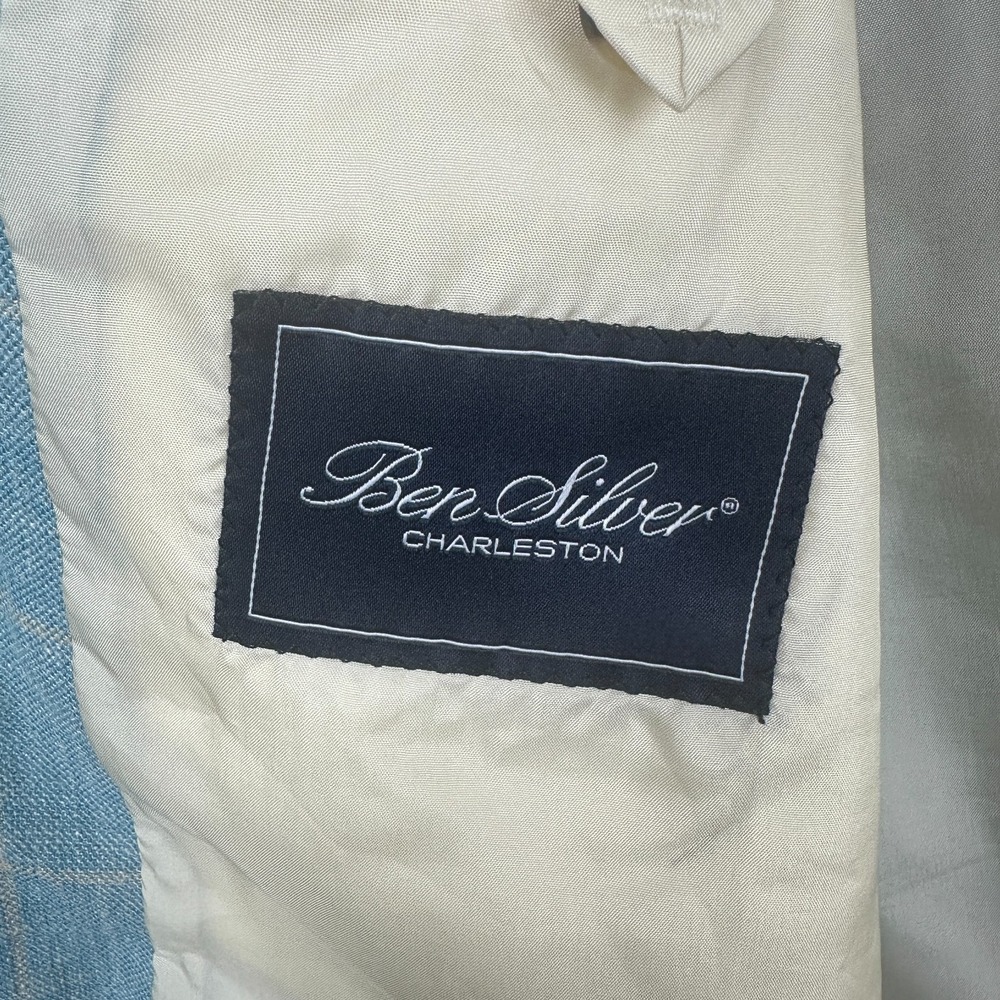 Ben Silver Charleston Mens 43R Silk Linen Wool Blue Plaid Sport Coat Canada - Picture 13 of 14
